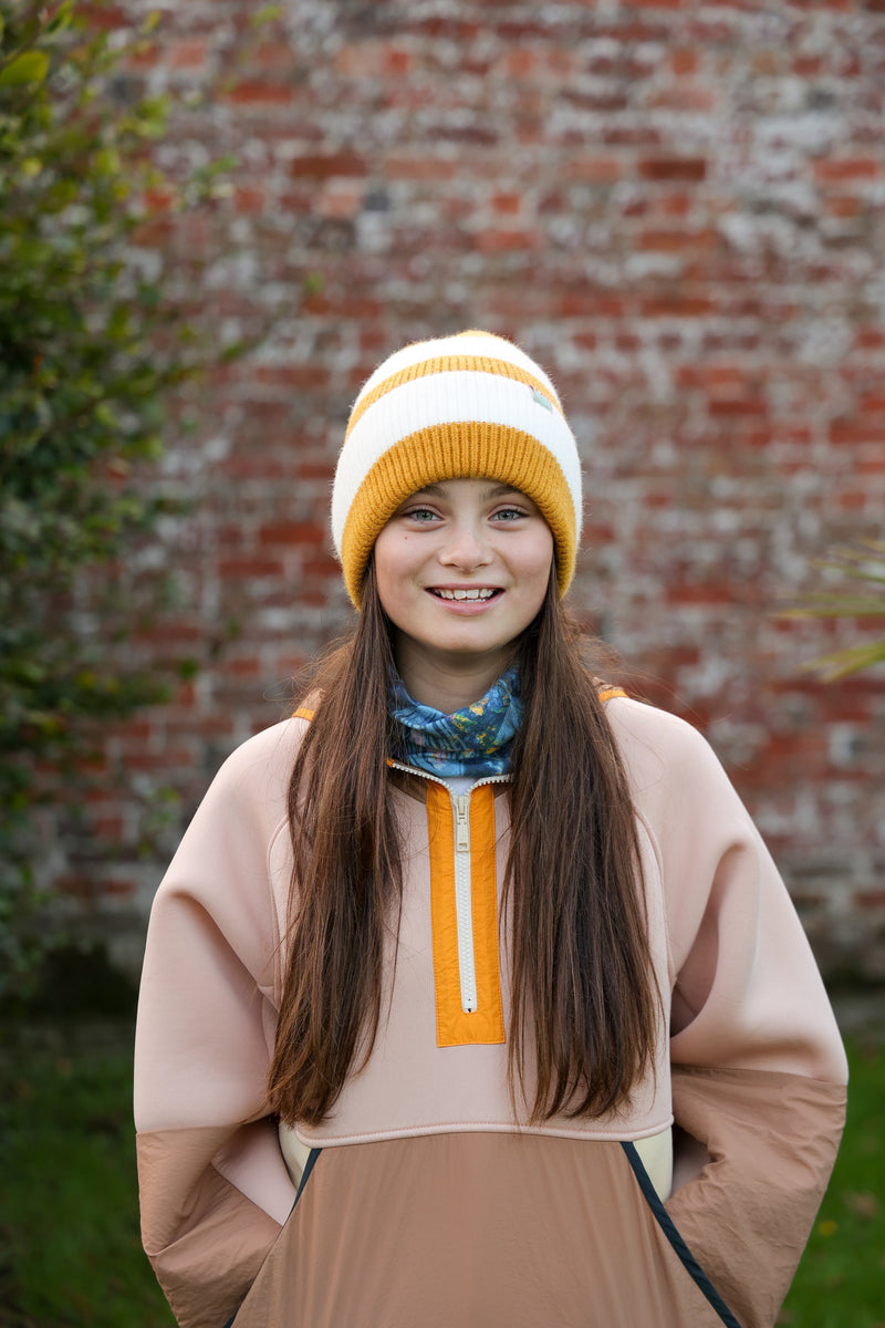 Rue Wool Mix Stripe Beanie - Mustard + Cream