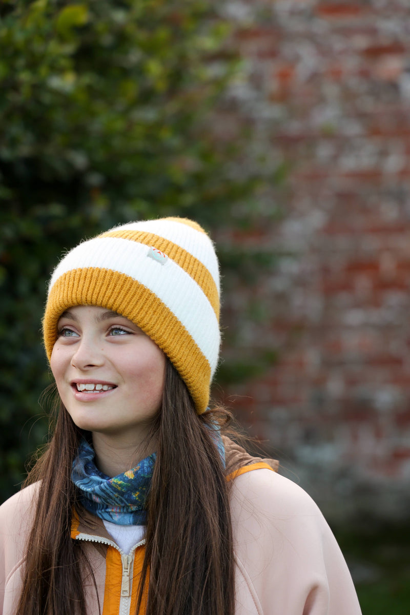 Rue Wool Mix Stripe Beanie - Mustard + Cream