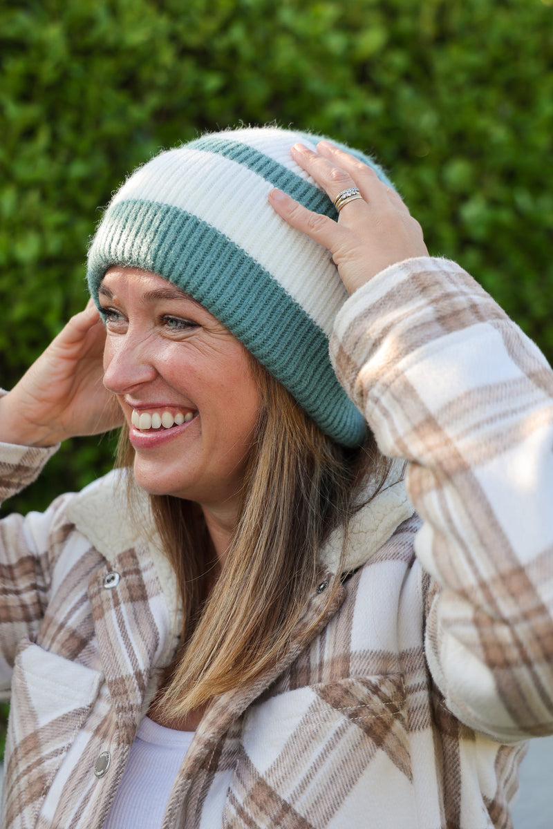 Rue Wool Mix Stripe Beanie - Teal Green