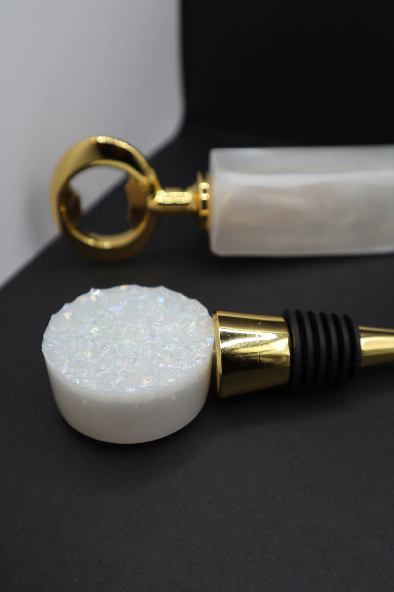 White Bottle Stopper & Opener Set