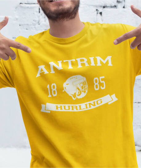 Antrim Hurling Helmet - Adult T-Shirt - Yellow/White