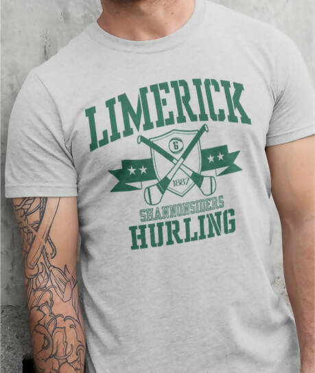 Limerick Hurling Shield - Adult T-Shirt - Grey/Green