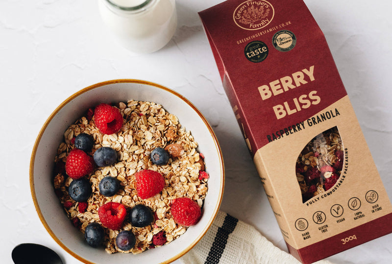 Berry Bliss - Raspberry Granola, 300G Bag | Green Fingers Family | Vegan | Gluten-free | Refined Sugar-free | Compostable Packaging