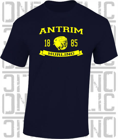 Antrim Hurling Helmet - Adult T-Shirt - Navy/Yellow