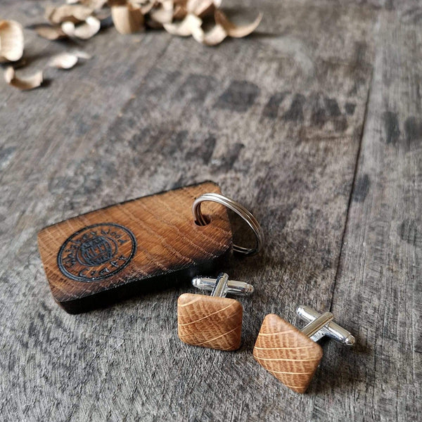 Irish Whiskey Barrel Wooden Cufflinks with Keyring