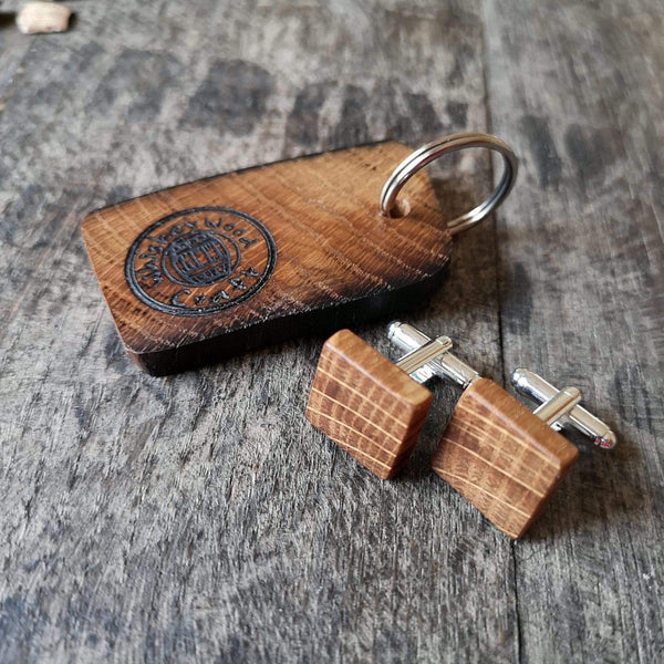 Square Irish Whiskey Barrel Wooden Cufflinks with Keyring