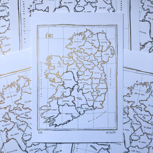 Map of Ireland in Metallic Gold A4 Print