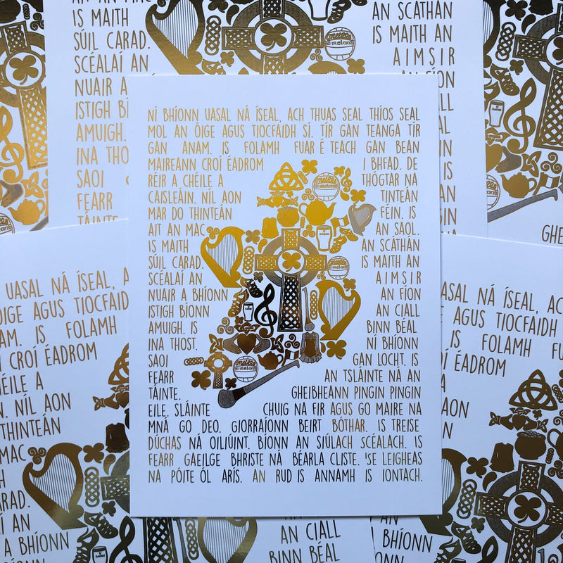 Irish Proverbs Map Metallic Gold