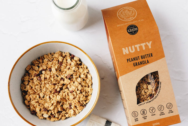 Nutty - Peanut Butter Granola, 300G Bag | Green Fingers Family| Vegan | Gluten-free | Refined Sugar-free | Compostable Packaging