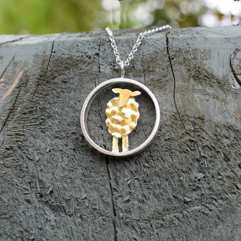 gold and silver sheep necklace, gold lamb necklace, gold and silver animal pendant, countryside gift, womens institute present, farming gift for her, sheep present for daughter, gold sheep