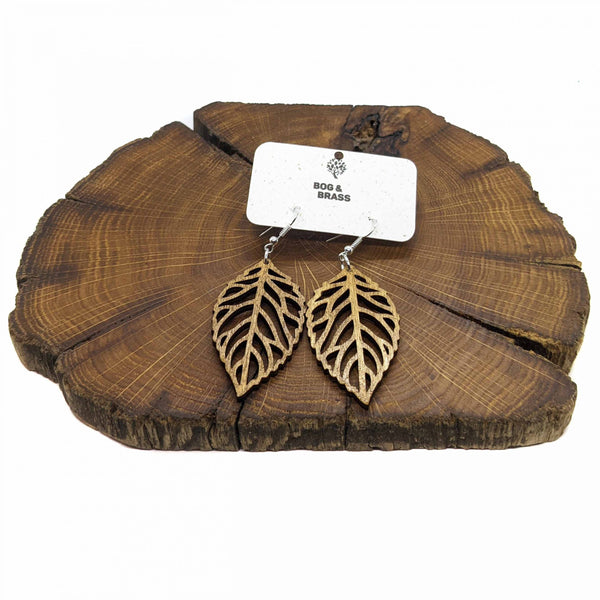 Wooden leaf cutout earrings
