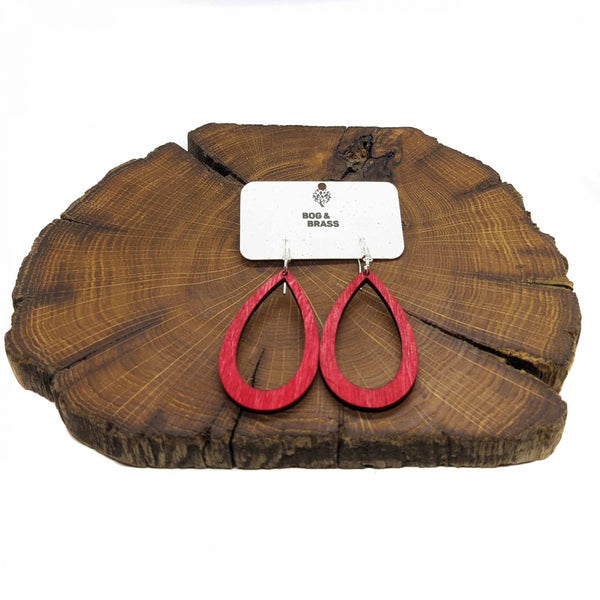 Wooden teardrop shaped Red hand painted earrings