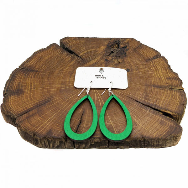 Wooden teardrop shaped Green hand painted earrings