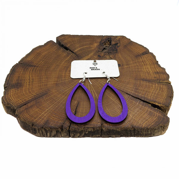 Wooden teardrop shaped Purple hand painted earrings