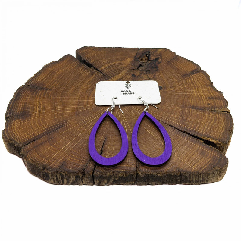 Wooden teardrop shaped Purple hand painted earrings