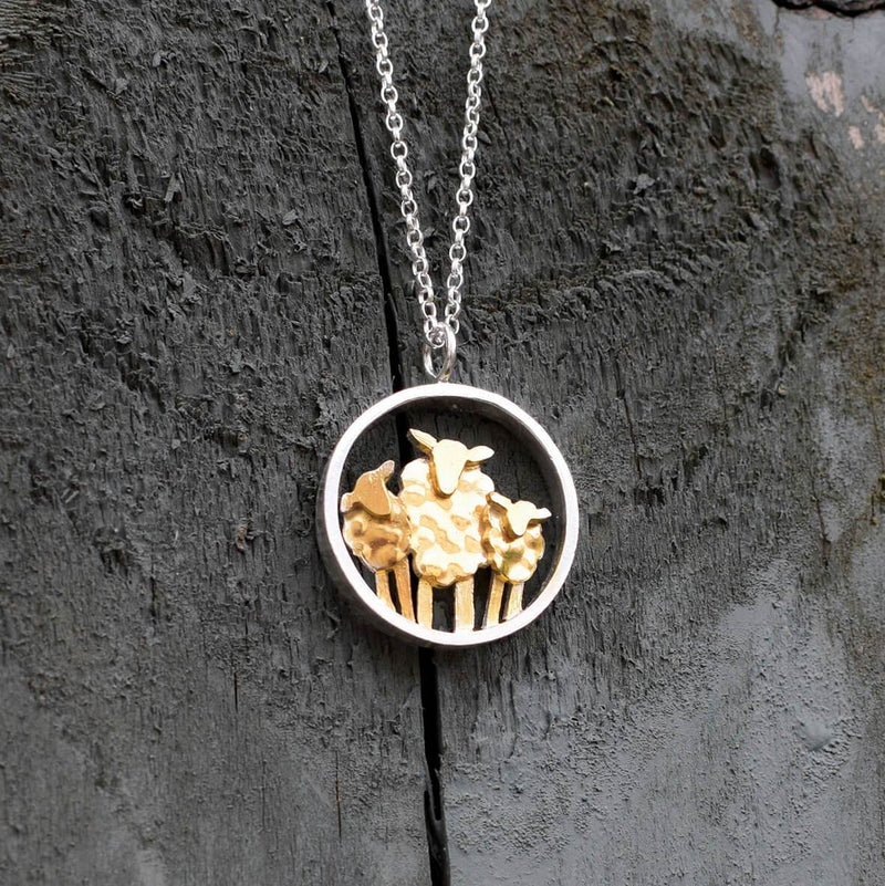 gold sheep necklace, agriculture necklace, farming necklace, farming jewellery, sheep jewellery, sheep jewelry, gold and silver sheep. flock of sheep jewellery, lamb jewellery, lamb and mother gift
