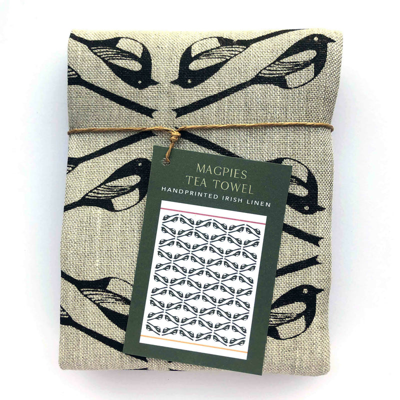 Magpies Irish Linen Tea Towel