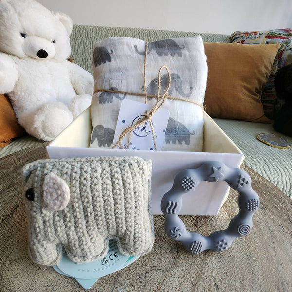 Elephant Muslin & Rattle Gift Box