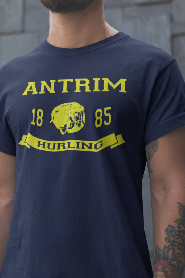 Antrim Hurling Helmet - Adult T-Shirt - Navy/Yellow