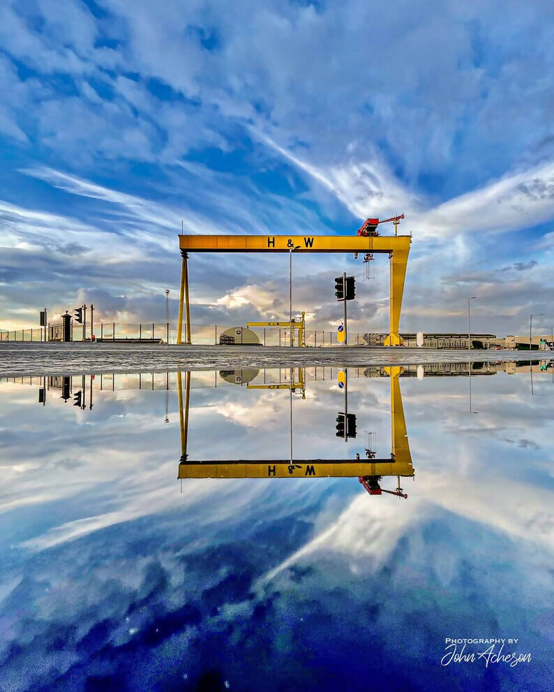 Reflections in Belfast at the Harland and Wolff Cranes