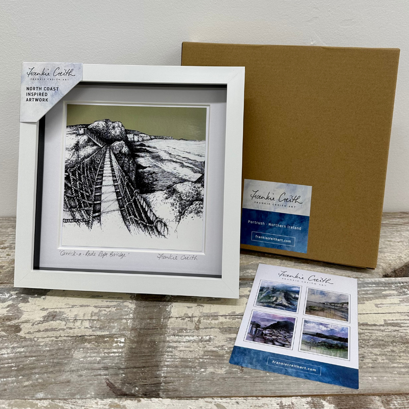 Carrick-a-rede Rope Bridge Box Framed Print artists card and kraft box