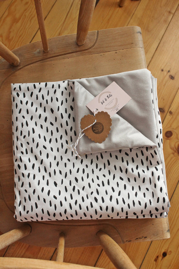 Triple-layered baby blanket,playmat -black dash on white and grey.