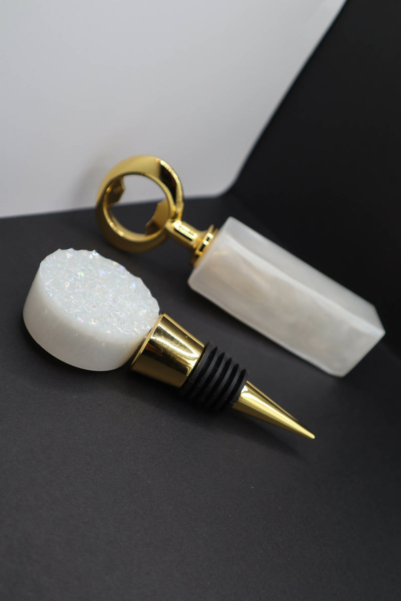 White Bottle Stopper & Opener Set