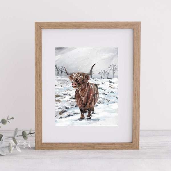 Snowy Highland Cow Art Print