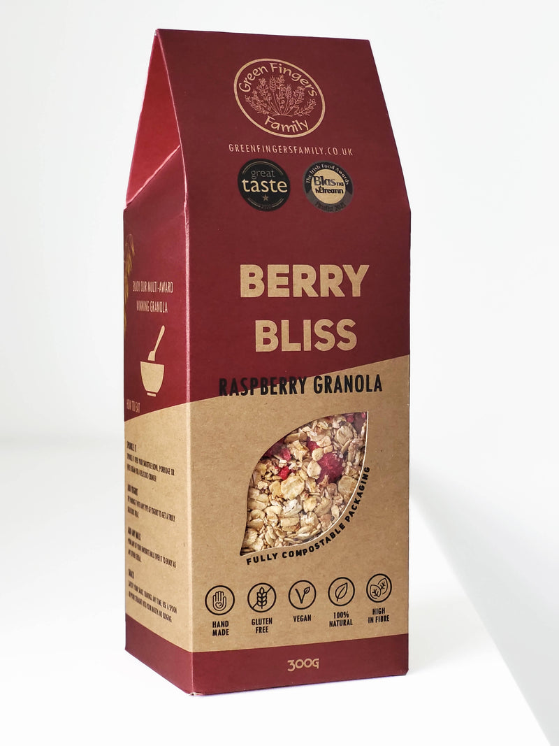 Berry Bliss - Raspberry Granola, 300G Bag | Green Fingers Family | Vegan | Gluten-free | Refined Sugar-free | Compostable Packaging