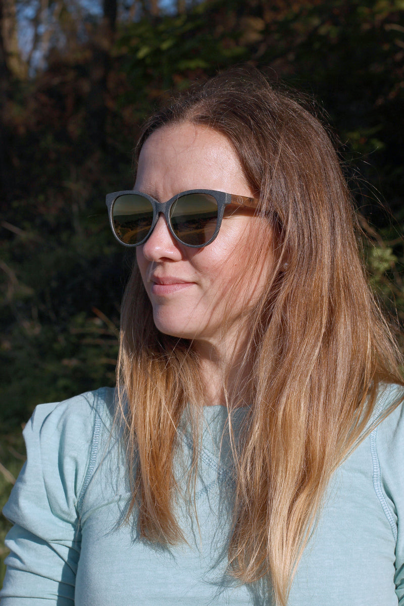 Made with a sustainable speckled wheatstraw or coffee residue frame and walnut wood temples, it's lightweight, comfortable and eco-friendly. Available in charcoal, olive green, coffee and mint frames and fitted with UV400 polarised lenses in smoke, mirrored rose pink and mirrored honey, they are a natural, biodegradable alternative to plastic sunglasses.