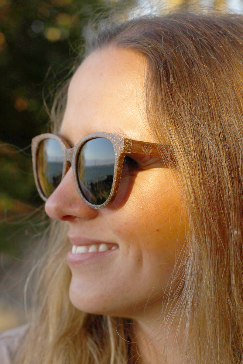 Made with a sustainable speckled wheatstraw or coffee residue frame and walnut wood temples, it's lightweight, comfortable and eco-friendly. Available in charcoal, olive green, coffee and mint frames and fitted with UV400 polarised lenses in smoke, mirrored rose pink and mirrored honey, they are a natural, biodegradable alternative to plastic sunglasses.