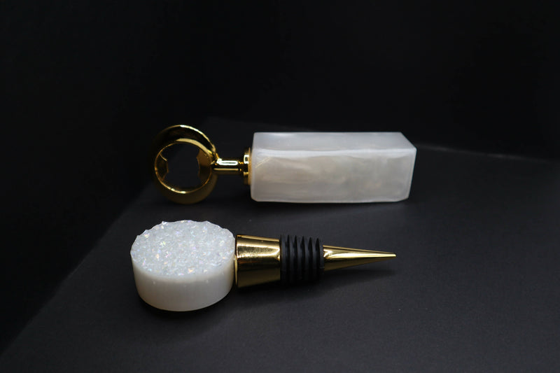 White Bottle Stopper & Opener Set